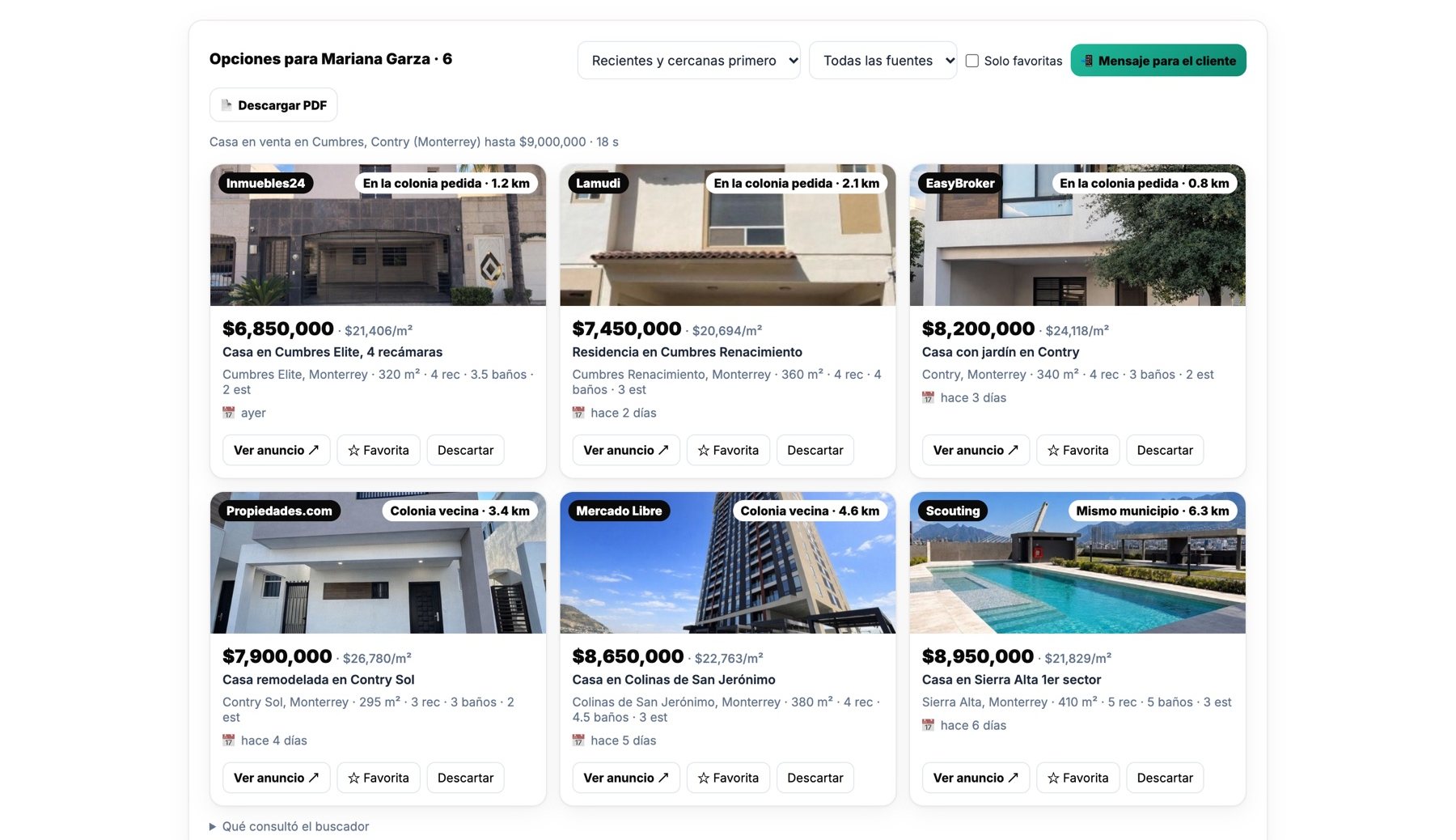 Buscador de Inmbit: seis casas con foto, precio, distancia y portal de origen