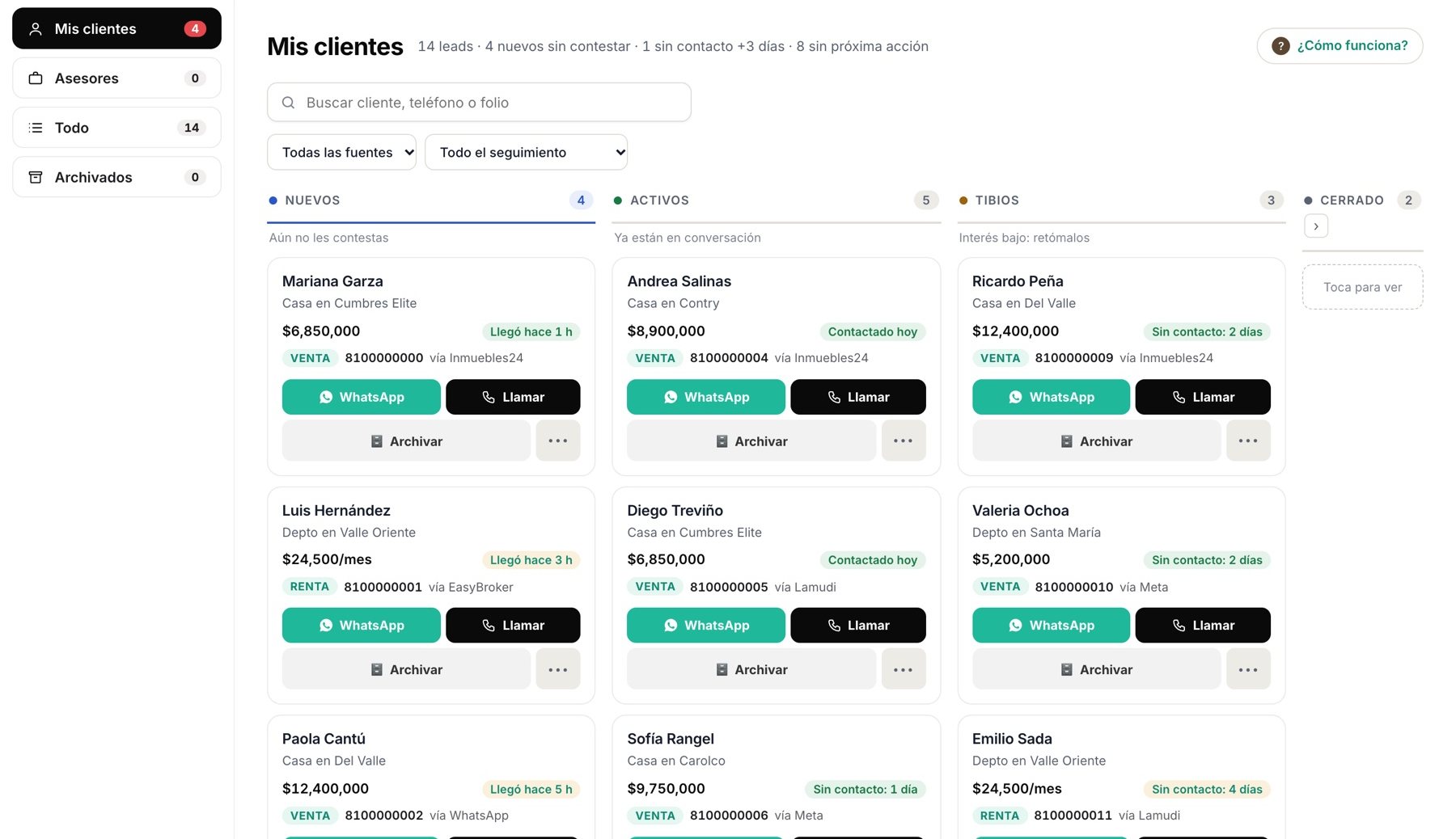 CRM de Inmbit: tablero con leads nuevos, activos y tibios, y botones de WhatsApp y llamada