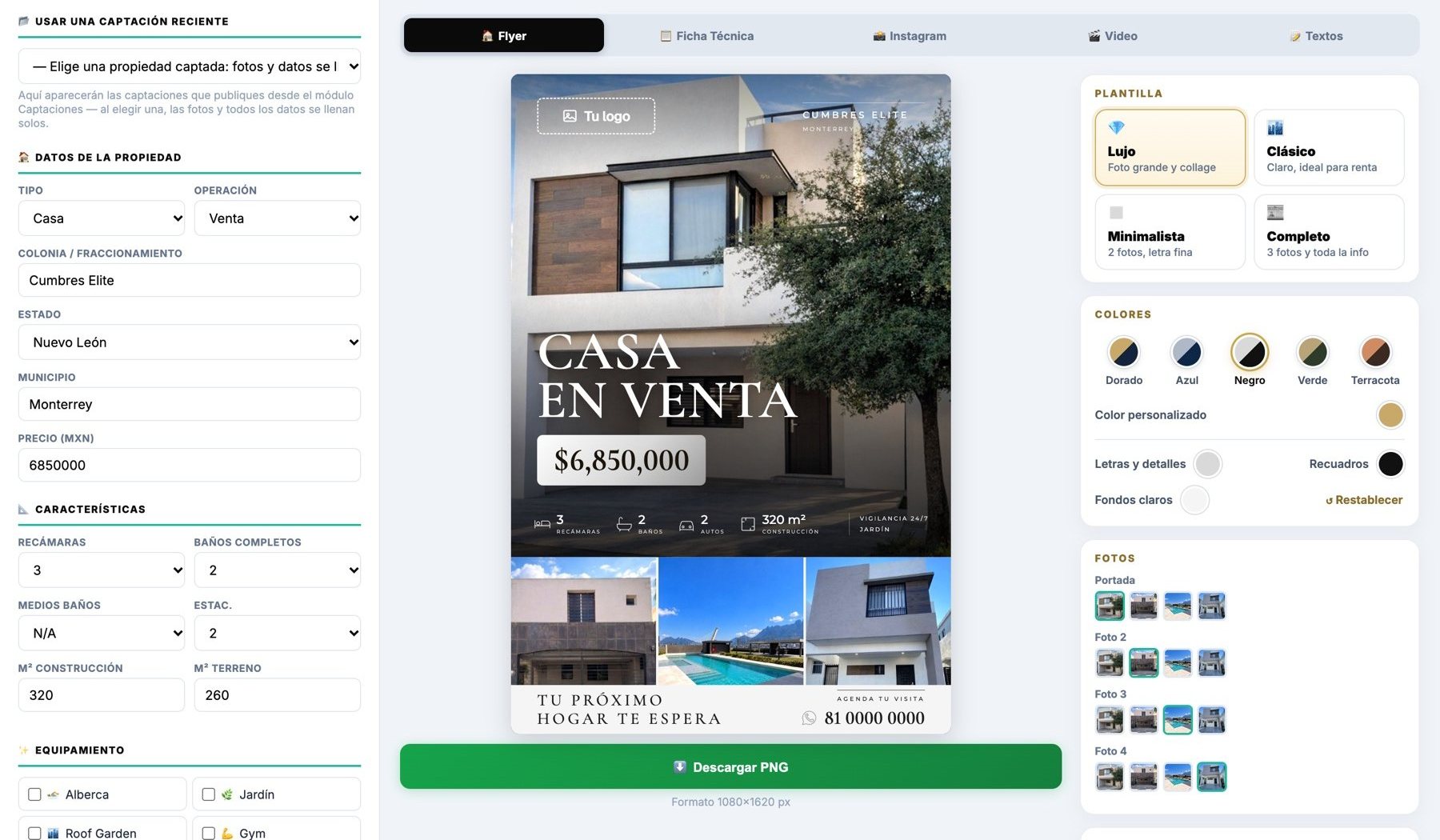 Content Studio de Inmbit: formulario de la propiedad y flyer de venta generado